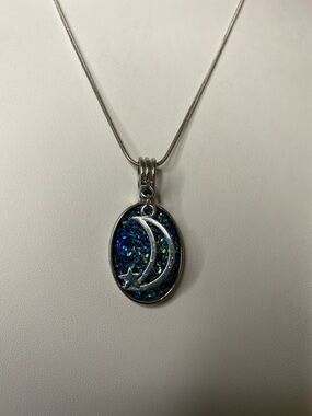 5/$15 Silver Crescent Moon and Star Pendant Necklace with Blue Opal Inlay